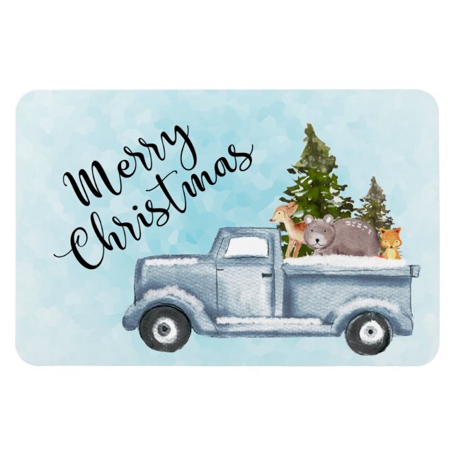 Christmas Truck with Pine Trees & Forest Animals Magnet (Horizontal)