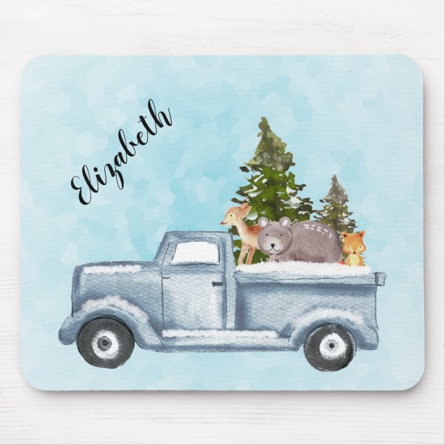 Christmas Truck with Pine Trees & Forest Animals Mouse Mat (Front)