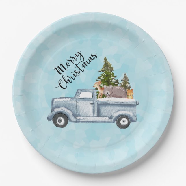 Christmas Truck with Pine Trees & Forest Animals Paper Plate (Front)