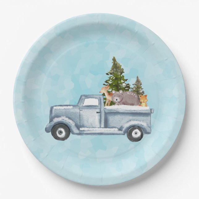 Christmas Truck with Pine Trees & Forest Animals Paper Plate (Front)