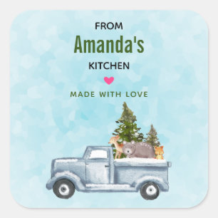 Christmas Truck with Pine Trees & Forest Animals Square Sticker