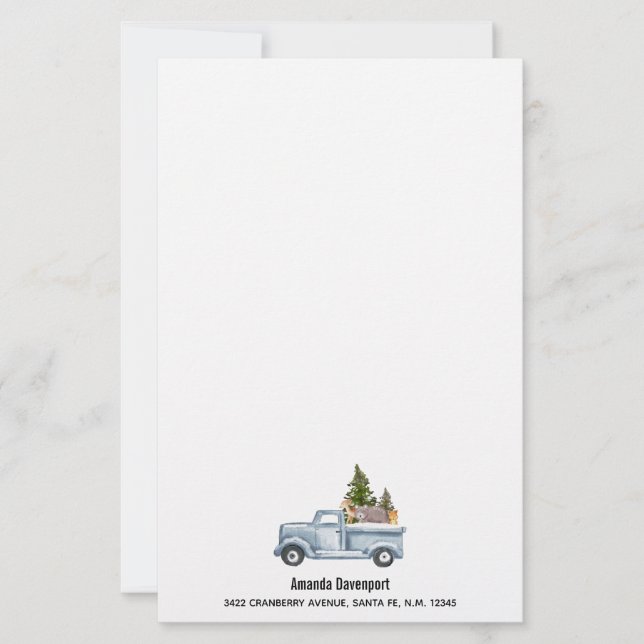 Christmas Truck with Pine Trees & Forest Animals Stationery (Front)
