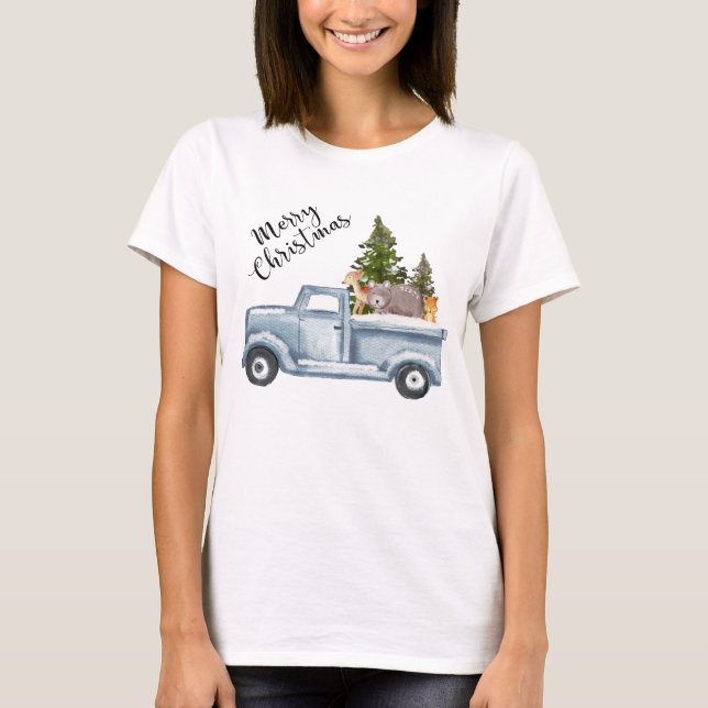 Christmas Truck with Pine Trees & Forest Animals T-Shirt (Front)