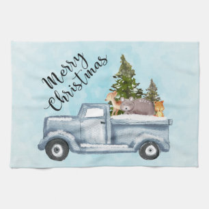 Christmas Truck with Pine Trees & Forest Animals Tea Towel