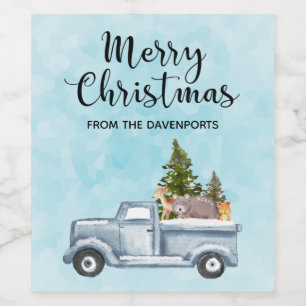 Christmas Truck with Pine Trees & Forest Animals Wine Label