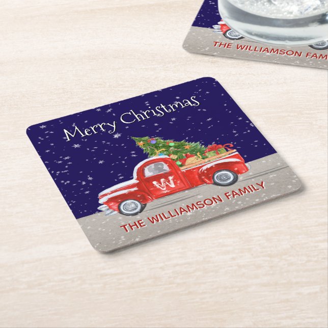 Christmas Truck With Snow at Night Monogrammed Square Paper Coaster (Angled)