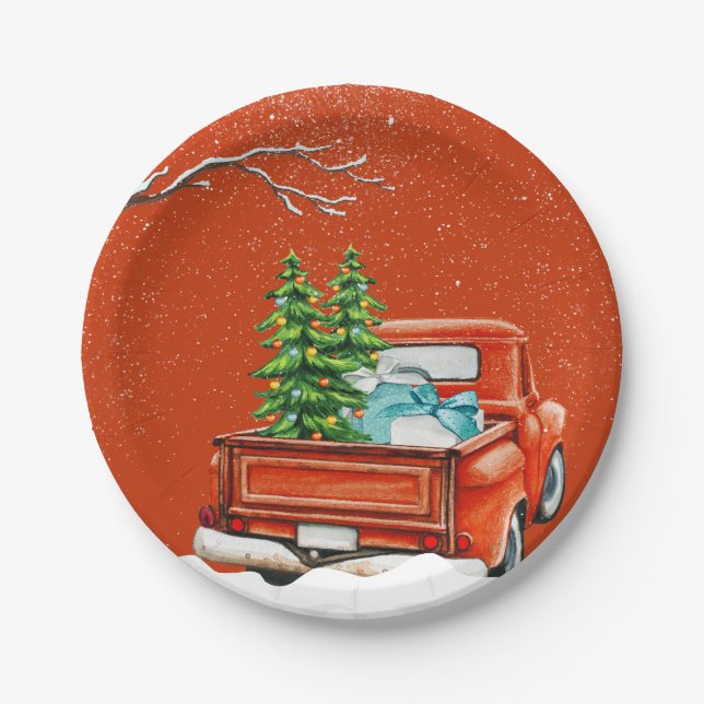 Christmas truck with trees birthday Invitation Paper Plate (Front)