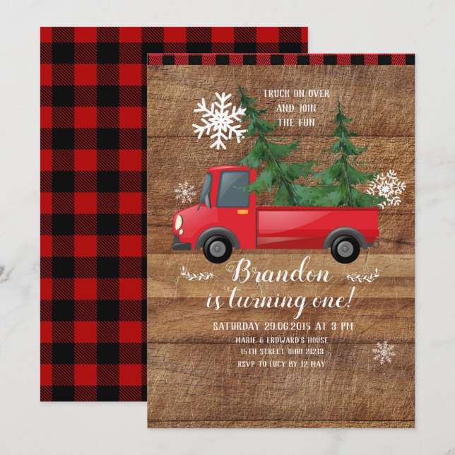 Christmas Truck Wood Red Plaid Birthday Invitation (Front/Back)