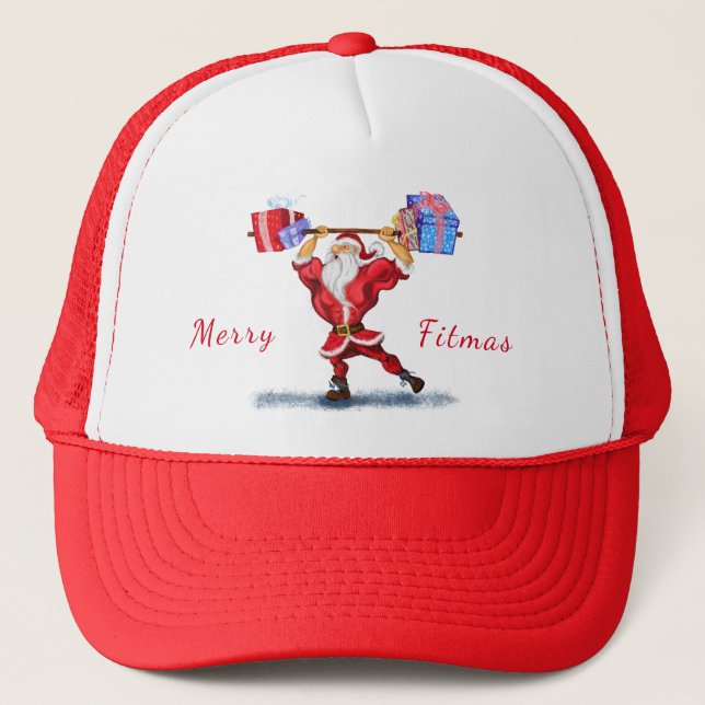 Christmas Trucker Hat Bodybuilder Santa with Gifts (Front)
