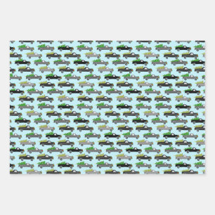 Christmas Trucks Xmas Trees Wreaths Grayscale Blue Wrapping Paper Sheet