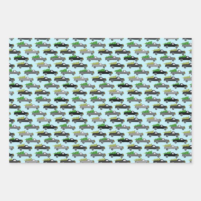 Christmas Trucks Xmas Trees Wreaths Grayscale Blue Wrapping Paper Sheet (Front)