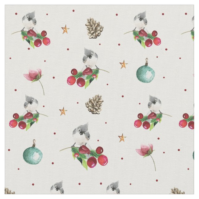 Christmas Tufted Titmouse Winter Bird Pattern Fabric (Close Up)