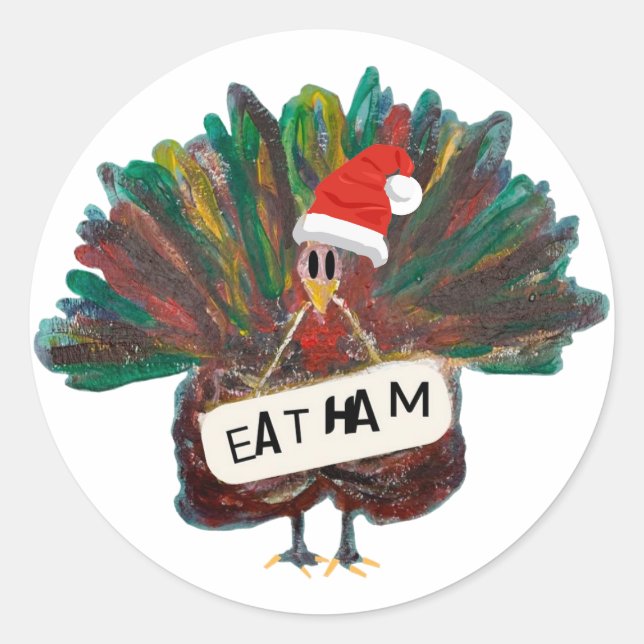 Christmas Turkey Santa Hat Ham    Classic Round Sticker (Front)