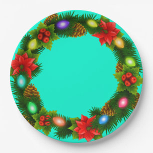 Christmas Turquoise Paper Party Plates 9"