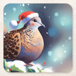 Christmas Turtle Dove 2 Square Paper Coaster