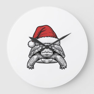 Christmas Turtle Santa Hat Vintage Engraving Desig Large Clock