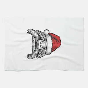 Christmas Turtle Santa Hat Vintage Engraving Desig Tea Towel