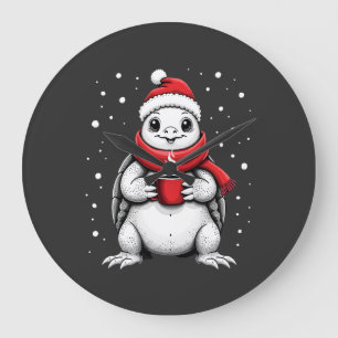 Christmas Turtle with Santa Hat Coffee Lover Funny Large Clock