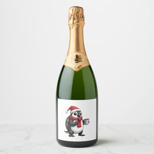 Christmas Turtle with Santa Hat Coffee Lover Funny Sparkling Wine Label (Front)