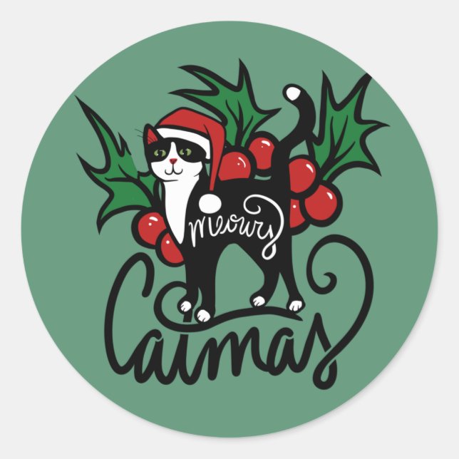 Christmas Tuxedo Cat Classic Round Sticker (Front)