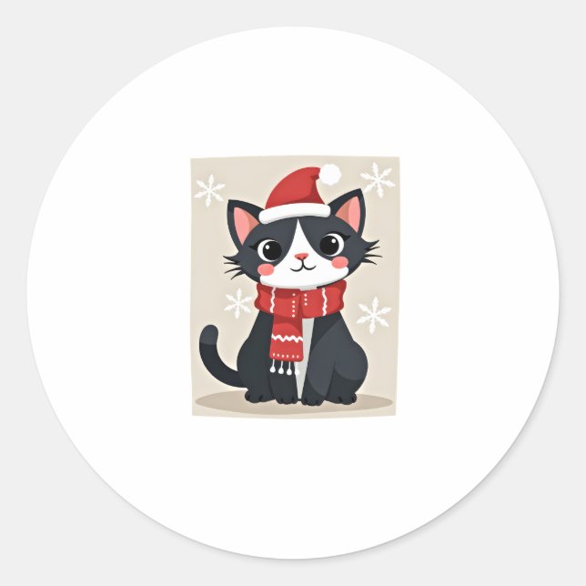 Christmas Tuxedo Cat Santa Scarf Ugly Xmas Women G Classic Round Sticker (Front)