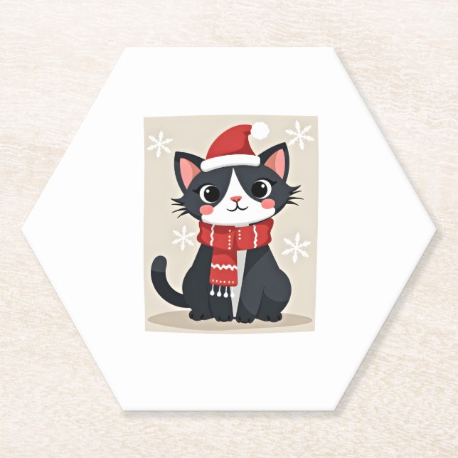 Christmas Tuxedo Cat Santa Scarf Ugly Xmas Women G Paper Coaster (Front)