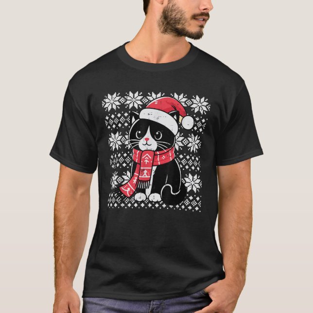Christmas Tuxedo Cat Santa Scarf Ugly Xmas Women G T-Shirt (Front)
