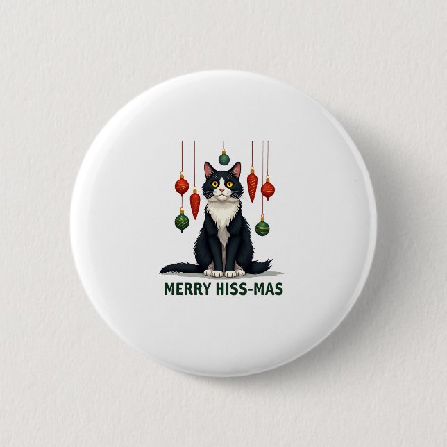 Christmas Tuxedo Cat with Holiday Decorations Merr 6 Cm Round Badge (Front)