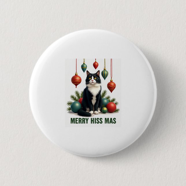 Christmas Tuxedo Cat with Holiday Decorations Merr 6 Cm Round Badge (Front)