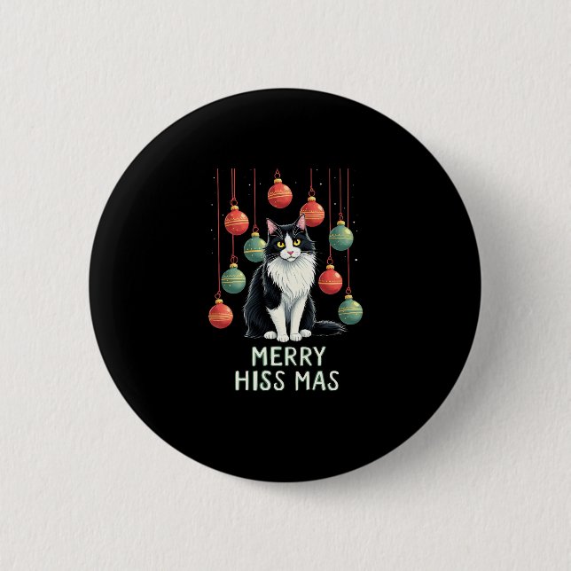 Christmas Tuxedo Cat with Holiday Decorations Merr 6 Cm Round Badge (Front)