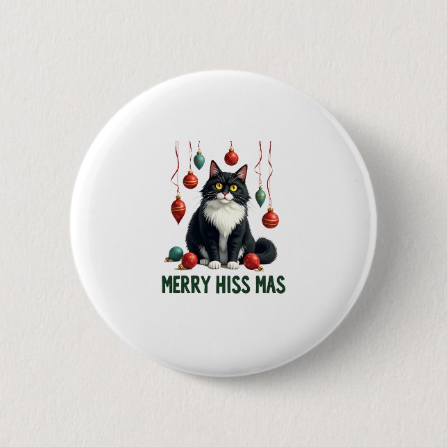 Christmas Tuxedo Cat with Holiday Decorations Merr 6 Cm Round Badge (Front)