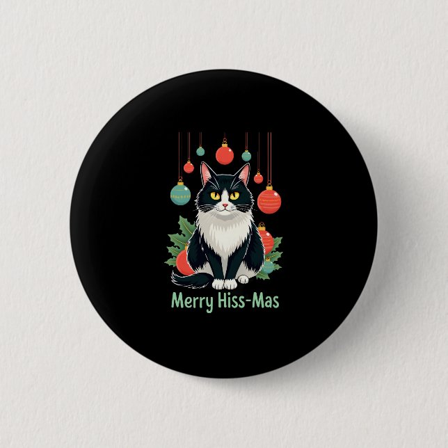 Christmas Tuxedo Cat with Holiday Decorations Merr 6 Cm Round Badge (Front)