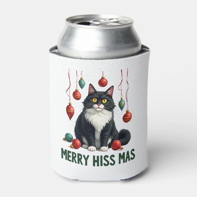 Christmas Tuxedo Cat with Holiday Decorations Merr Can Cooler (Can Front)