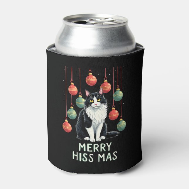 Christmas Tuxedo Cat with Holiday Decorations Merr Can Cooler (Can Front)