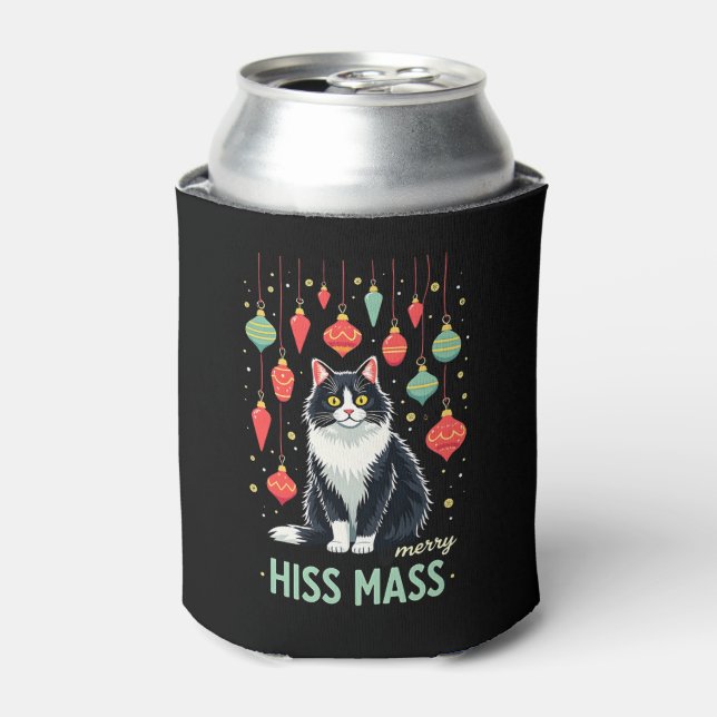 Christmas Tuxedo Cat with Holiday Decorations Merr Can Cooler (Can Front)