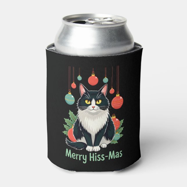Christmas Tuxedo Cat with Holiday Decorations Merr Can Cooler (Can Front)