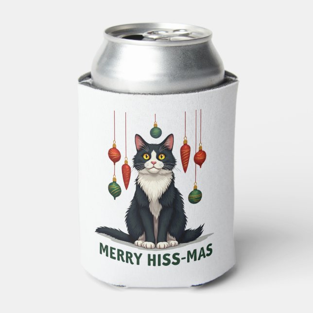Christmas Tuxedo Cat with Holiday Decorations Merr Can Cooler (Can Front)