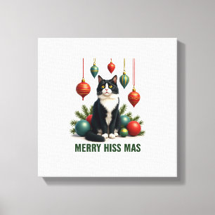 Christmas Tuxedo Cat with Holiday Decorations Merr Canvas Print