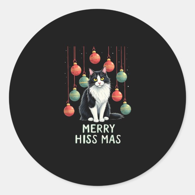 Christmas Tuxedo Cat with Holiday Decorations Merr Classic Round Sticker (Front)