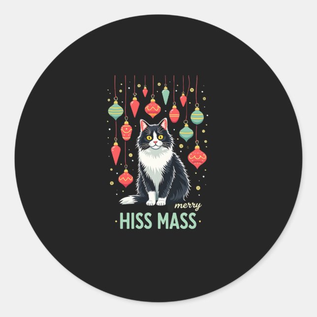 Christmas Tuxedo Cat with Holiday Decorations Merr Classic Round Sticker (Front)
