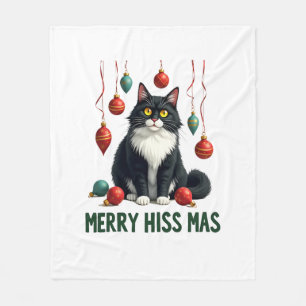 Christmas Tuxedo Cat with Holiday Decorations Merr Fleece Blanket