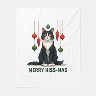 Christmas Tuxedo Cat with Holiday Decorations Merr Fleece Blanket