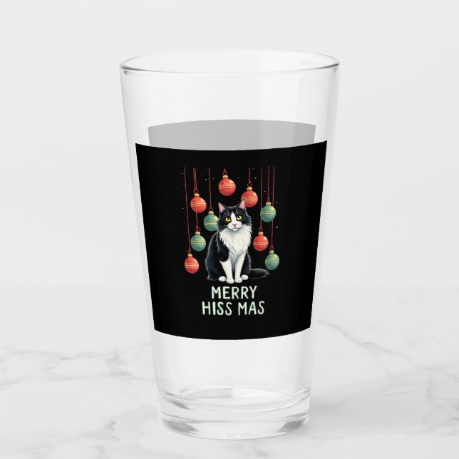 Christmas Tuxedo Cat with Holiday Decorations Merr Glass (Front)