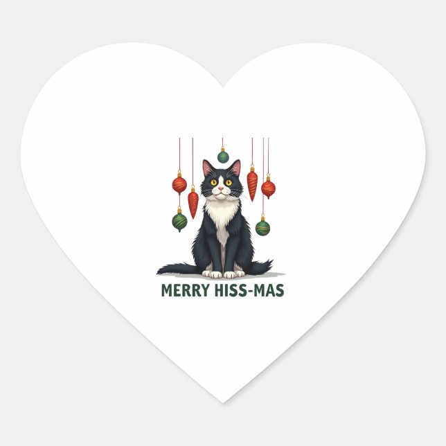 Christmas Tuxedo Cat with Holiday Decorations Merr Heart Sticker (Front)