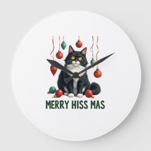 Christmas Tuxedo Cat with Holiday Decorations Merr Large Clock