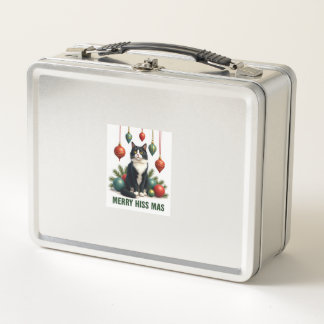 Christmas Tuxedo Cat with Holiday Decorations Merr Metal Lunch Box