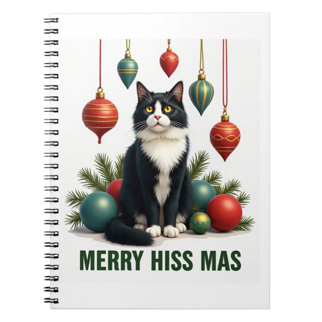 Christmas Tuxedo Cat with Holiday Decorations Merr Notebook (Front)