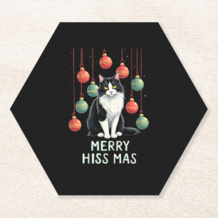 Christmas Tuxedo Cat with Holiday Decorations Merr Paper Coaster