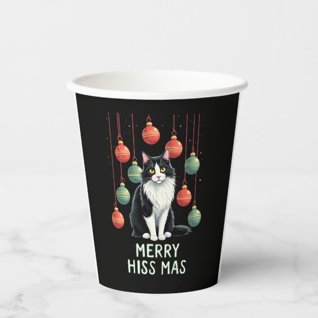 Christmas Tuxedo Cat with Holiday Decorations Merr Paper Cups (Front)