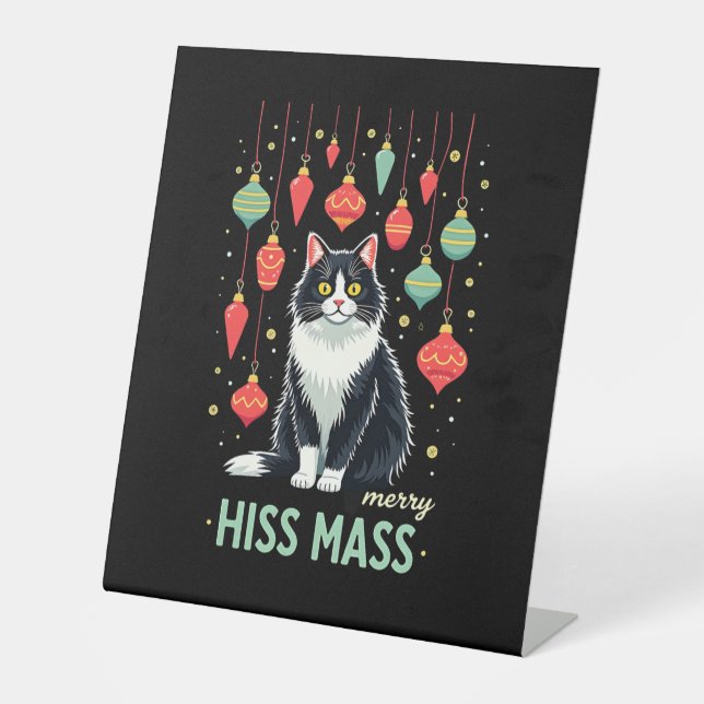 Christmas Tuxedo Cat with Holiday Decorations Merr Pedestal Sign (Front)